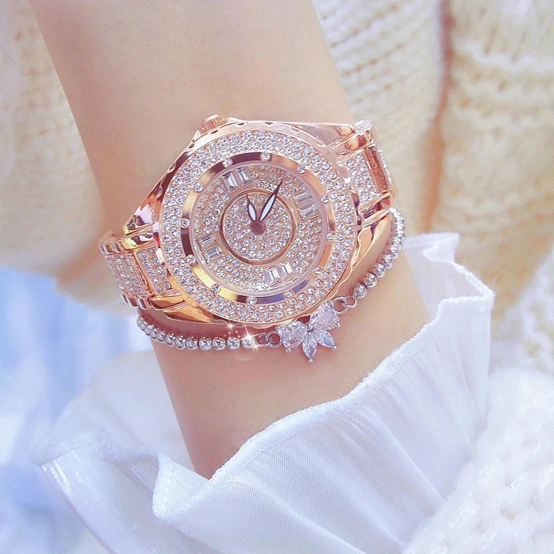 2025 Crystal Diamond Watches For Women Gold Original Elegant Ladies Watch With Bracelet Set Rose Gold Gift For Girlfriend Wife