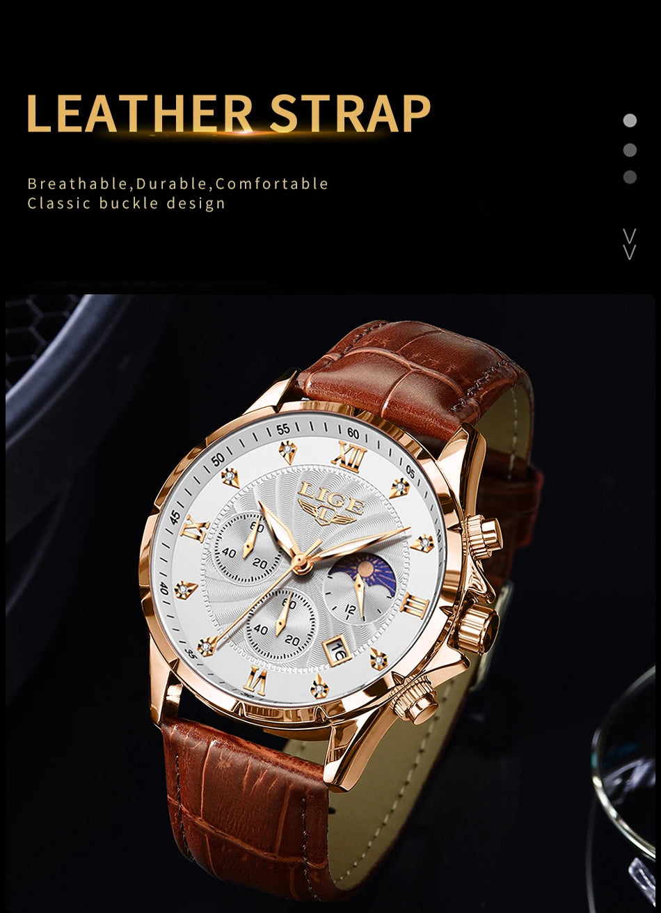 New Mens Watches LIGE Top Brand Luxury Leather Casual Quartz Watch Men's Sport Waterproof Clock Watch Relogios Masculino+Box