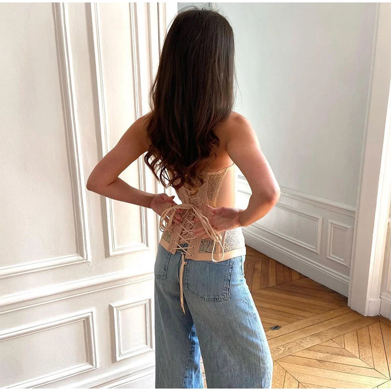 Sexy Lace Strapless Hollow Out Corset Women Bandage Party Wear Off Shoulder Slim Chic Vest Backless Sleeveless High Street Tops