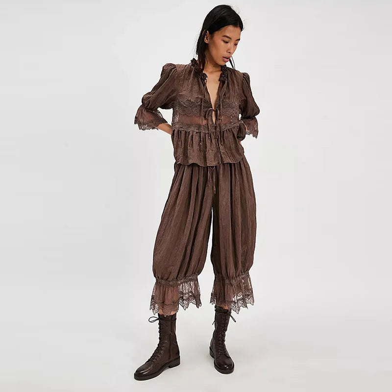 2025 Fashion Ruff Long Pants Women Casual Pleated Lace Lace Up Patchwork Straught Pants Lady Summer Chic Holiday Streetwear
