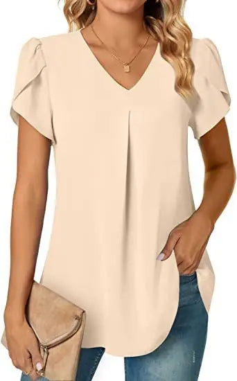 Sexy V Neck Ruffle Short Sleeve Blouse Shirts Summer Women V Neck Solid Color Loose OL Workout Blouse Tops SZE-ST23015