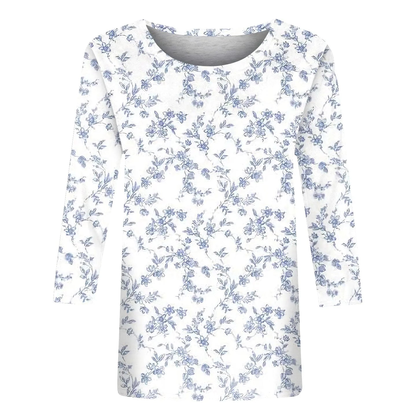 Female Clothing Delicate Fashion Shirts Floral Round Neck 3/4 Sleeves Printed Summer Women Pullover Daily Wear Vetement Femme