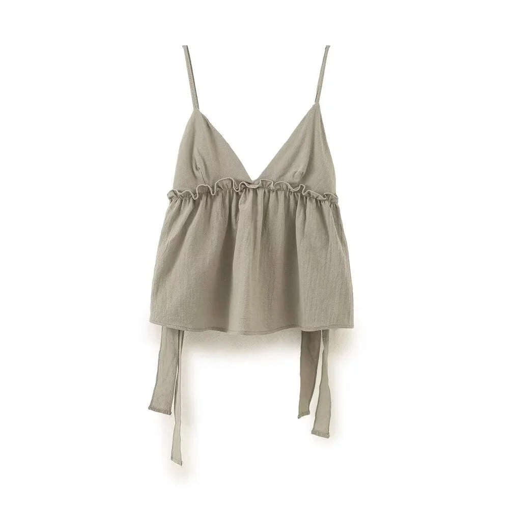 2024ZAR4 summer new women's European and American style top with a unique combination of lace up and ruffle suspender