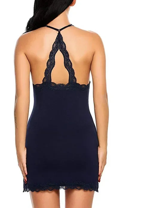 Summer Women's Fashionable Silk Satin Patchwork Lace Suspender with Back Lace Decoration Dress for Home Pajamas