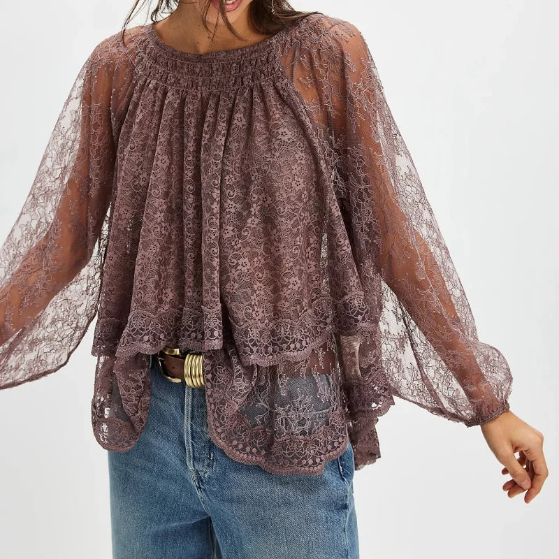 Women Sheer Lace Long Sleeve Tops Off Shoulder Lantern Sleeves Tiered Lace Solid Color See Through Tee Shirts