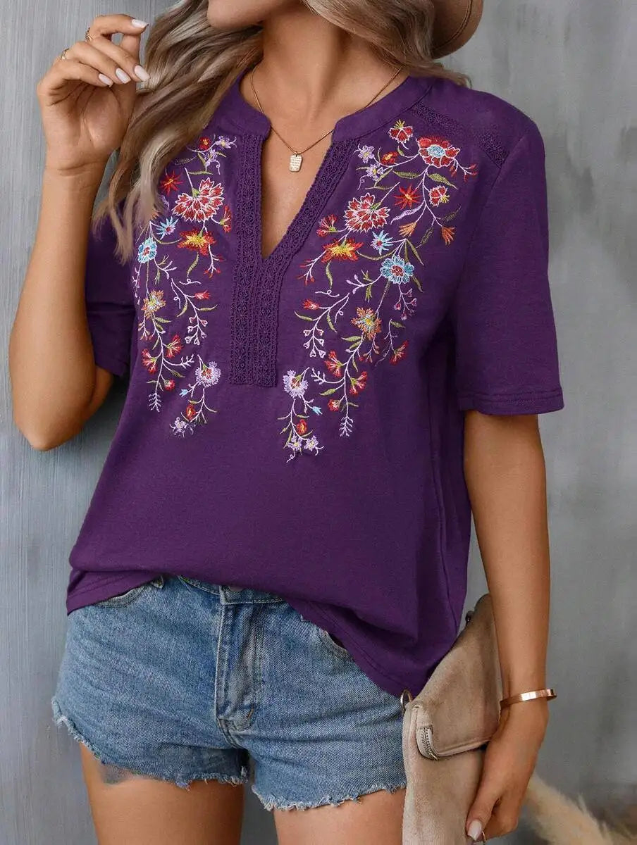 Ladies' Retro Casual Chic Embroidered Women's Shirt With Lace And Lace Stitching, V-neck Loose And Comfortable Top, Women's T
