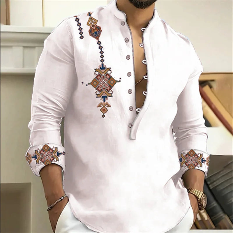 15-color men's shirt tribe pattern printing retro geometry leads outdoor street long-sleeved shirt super large size XS-6XL