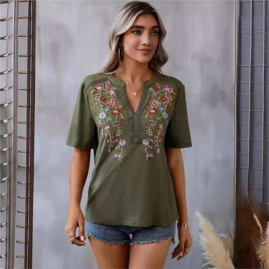 Ladies' Retro Casual Chic Embroidered Women's Shirt With Lace And Lace Stitching, V-neck Loose And Comfortable Top, Women's T