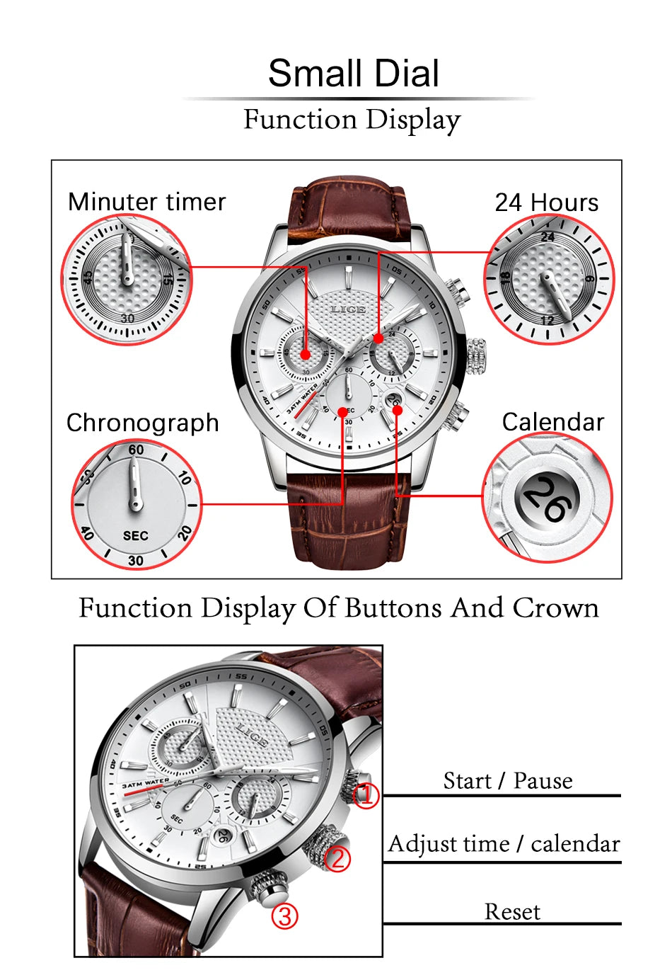 LIGE Watches Men 2024 Top Brand Luxury Casual Leather Quartz Men Watch Man Business Clock Male Sport Waterproof Date Chronograph