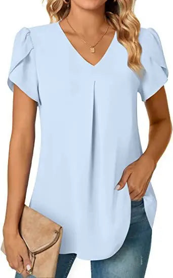 Sexy V Neck Ruffle Short Sleeve Blouse Shirts Summer Women V Neck Solid Color Loose OL Workout Blouse Tops SZE-ST23015