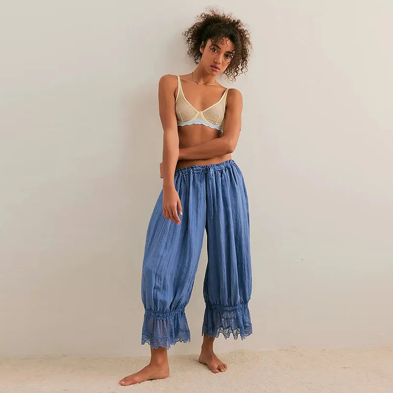 2025 Fashion Ruff Long Pants Women Casual Pleated Lace Lace Up Patchwork Straught Pants Lady Summer Chic Holiday Streetwear
