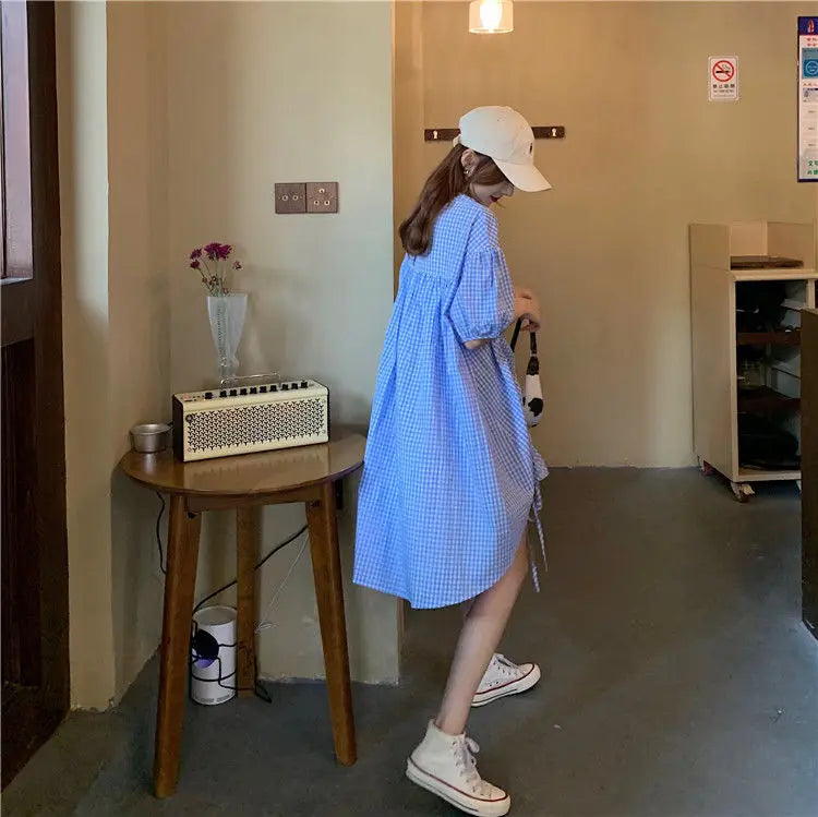Korean Plaid Printed Loose Midi Dress Summer Short Sleeve Stylish Shirring Drawstring Female Irregular Casual O-Neck Dresses New