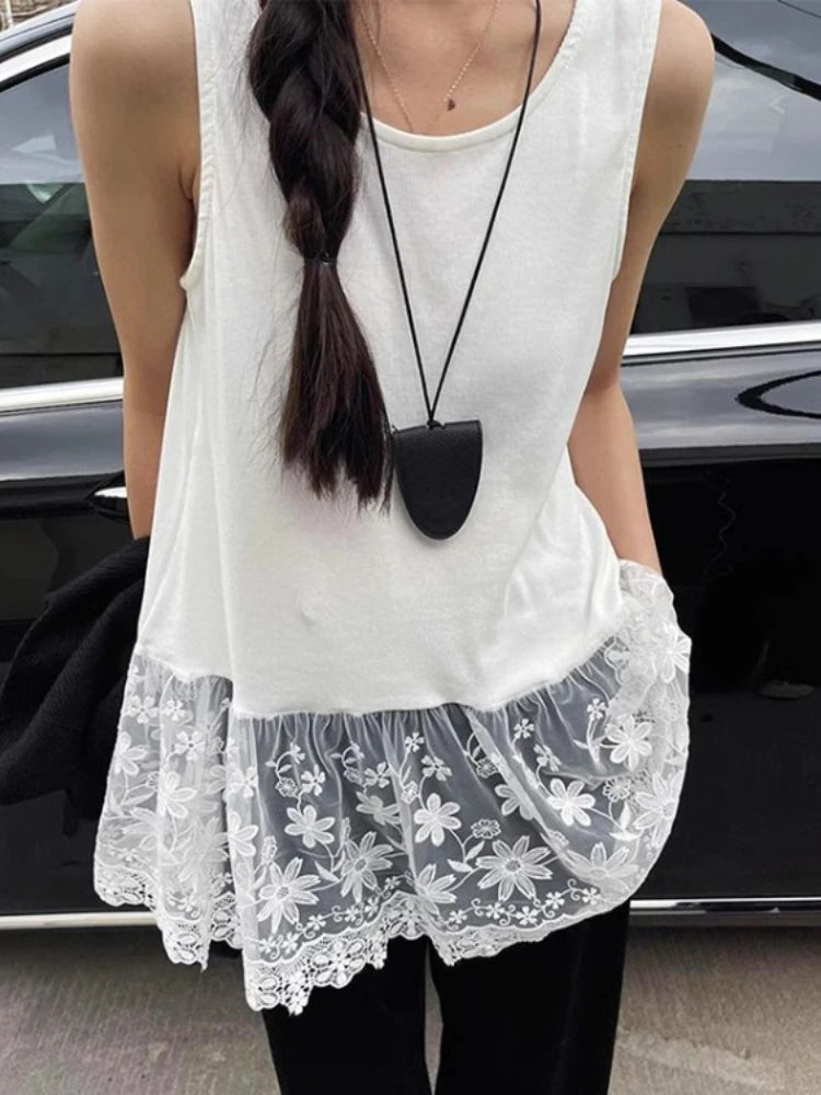 Women Clothing Fashion Vest O-neck Sleeveless Tunic Camis Y2k Tops 2025 Ropa Mujer Patchwork Lace Top Casual Loose Summer Tanks