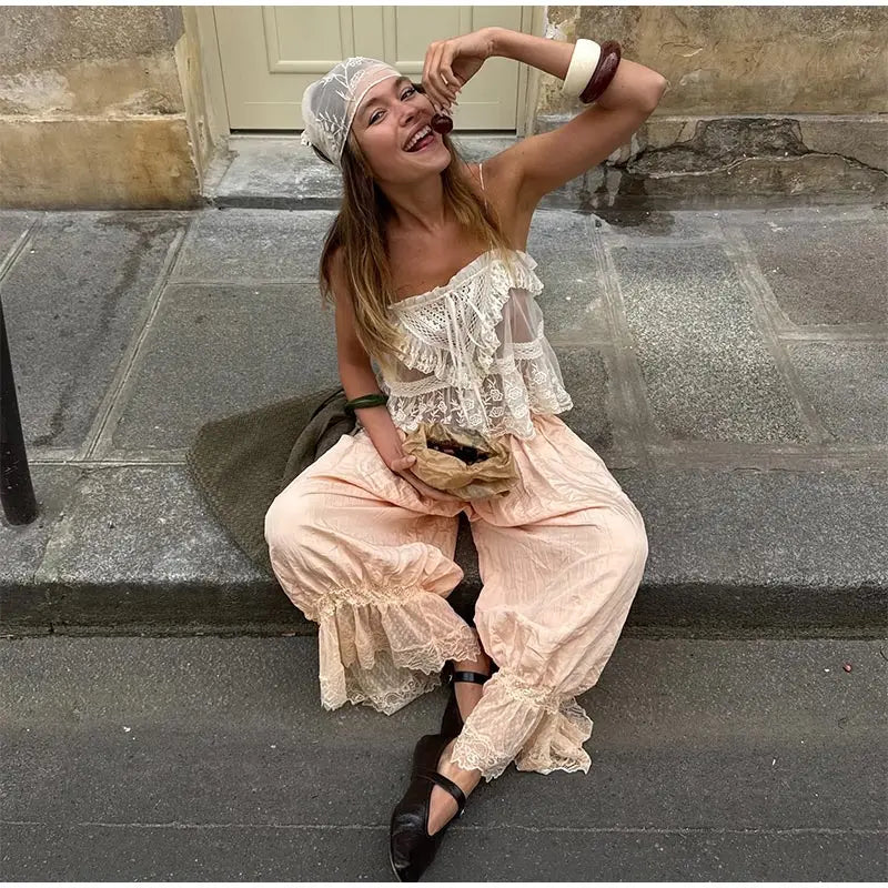 2025 Fashion Ruff Long Pants Women Casual Pleated Lace Lace Up Patchwork Straught Pants Lady Summer Chic Holiday Streetwear