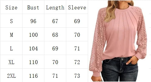Elegant Lace Pleated Solid Color Shirts Women's Round Neck Lantern Long Sleeved Blouse Autumn Daily Casual Top