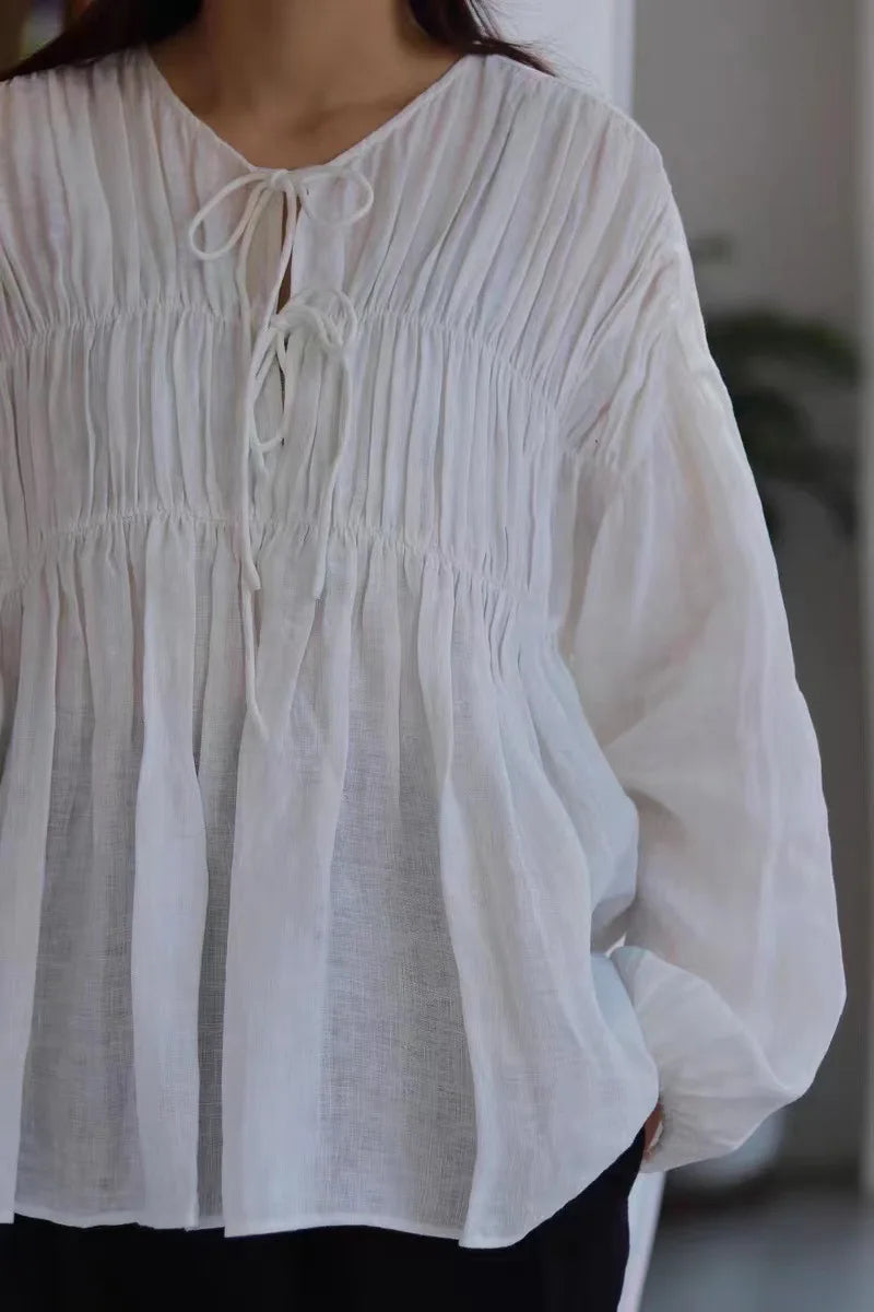 Komiyama  O Neck Lace Up Shirts Blouses Vintage Elegant Pleated Blusas Mujer Spring Clothes Women Japan Fashion Shirt Tops