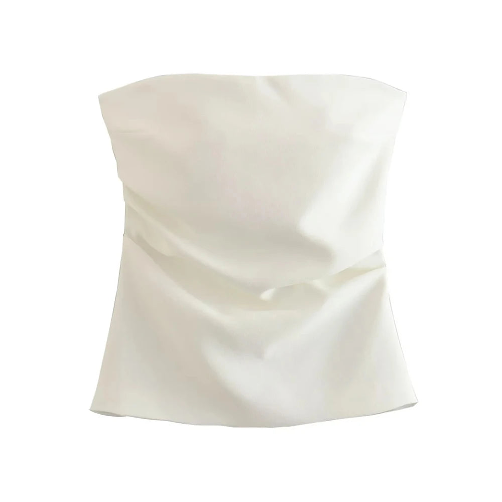 TRZA-Strapless Draped Bustier Tops for Women, Straight Neck, Back Zipper, Female Camis, Fashion
