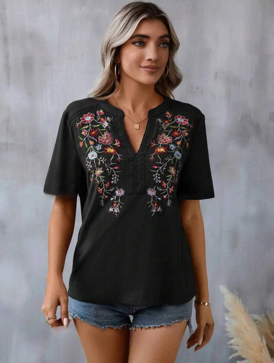 Ladies' Retro Casual Chic Embroidered Women's Shirt With Lace And Lace Stitching, V-neck Loose And Comfortable Top, Women's T