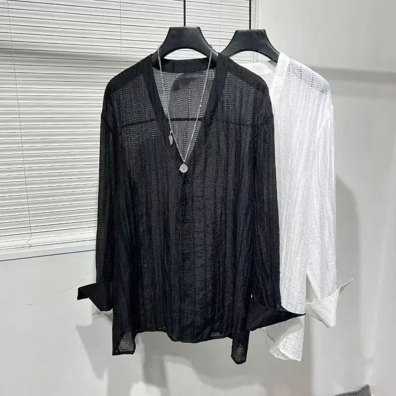 Mens Shirts Spring New Fashion Lace Long Sleeve Loose Casual T-shirt for Men