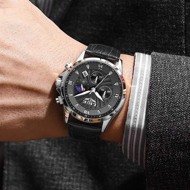 New Mens Watches LIGE Top Brand Luxury Leather Casual Quartz Watch Men's Sport Waterproof Clock Watch Relogios Masculino+Box