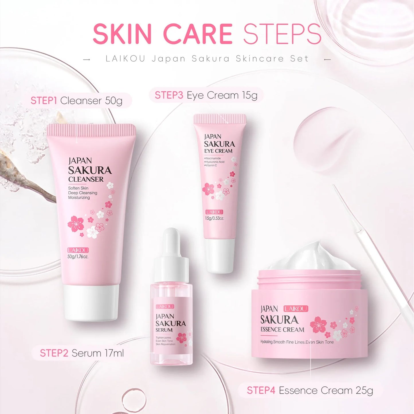 4 PCS Face Skin Care Set Cleanser Sakura Essence Cream Moisturizing Eye Cream Face Serum Improve Roughness & Dryness Skin Care