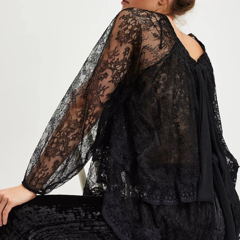Women Sheer Lace Long Sleeve Tops Off Shoulder Lantern Sleeves Tiered Lace Solid Color See Through Tee Shirts