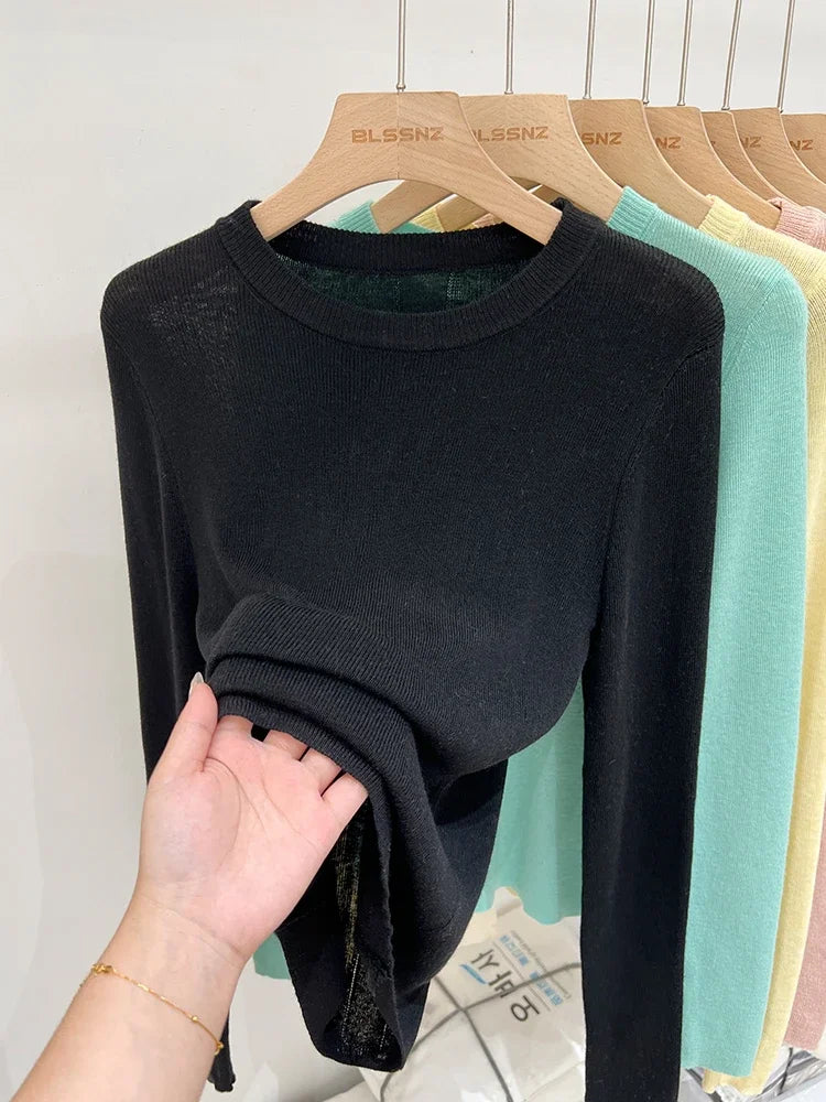 Lady Basic O-Neck Slim T-Shirt Women Solid Multi Color All-Match Trend Casual Top Screw Knit Long Sleeve Elastic Spring Office