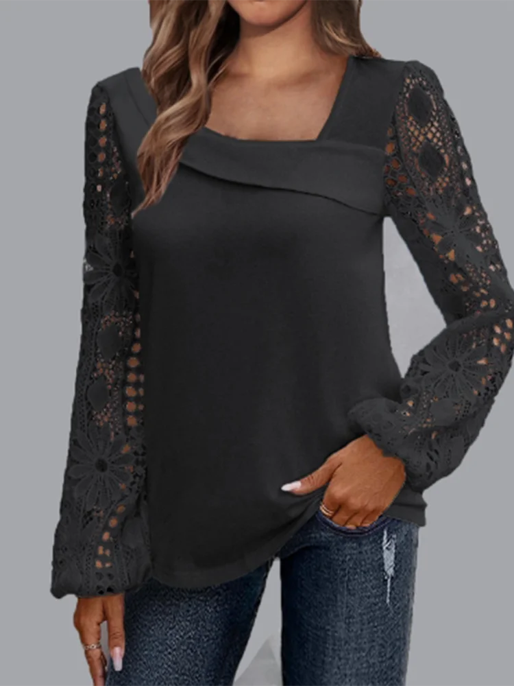 Slant Neck Solid Color Long Sleeved Lace Printed Women's Shirt Fashionable Elegant Office Urban Style Spring Top