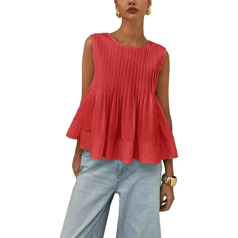 Women Sweet Ruffle Hem Vests Solid Color Summer Fashion Streetwear Female Sleeveless O-neck Tops Lady Casual Loose Camisole