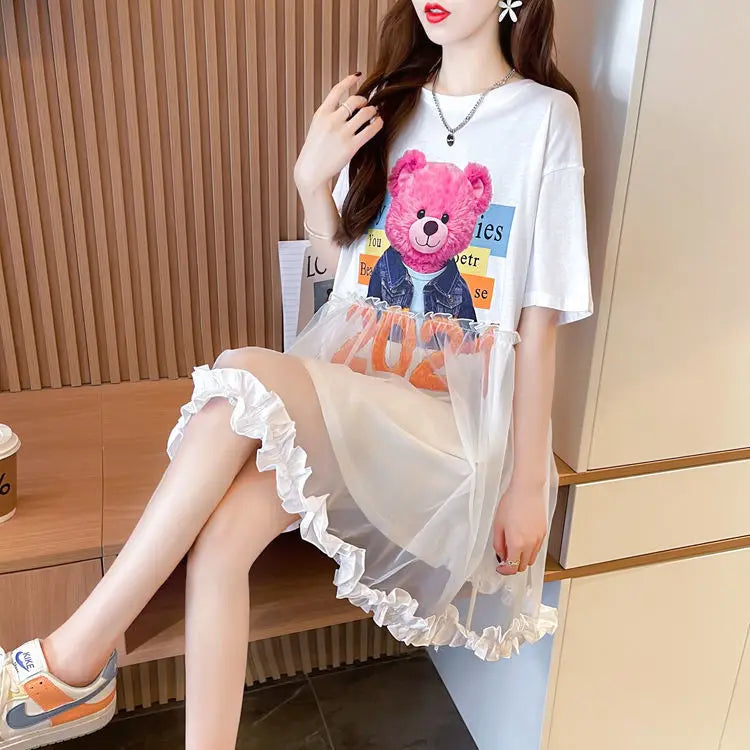 T Shirt Dress Woman Short Sleeve Summer Lace Clothing Women's Top Funny Fitted Slim Causal Long Graphic O Tall Kpop Cute Tees Xl