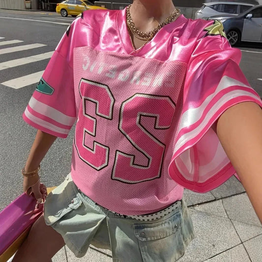 Lady Pink European and American Fashionable Loose Casual Street Printed Sportswear Tops Summer Girl Style Short Sleeved T-shirt