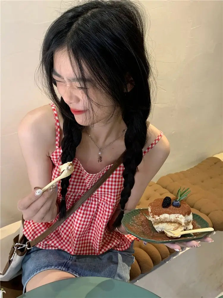 Red Plaid Camisole Women Backless Hotsweet Bandage All-match Loose College Personality Chic Summer Korean Style Fashion Ulzzang
