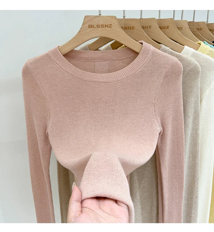 Lady Basic O-Neck Slim T-Shirt Women Solid Multi Color All-Match Trend Casual Top Screw Knit Long Sleeve Elastic Spring Office