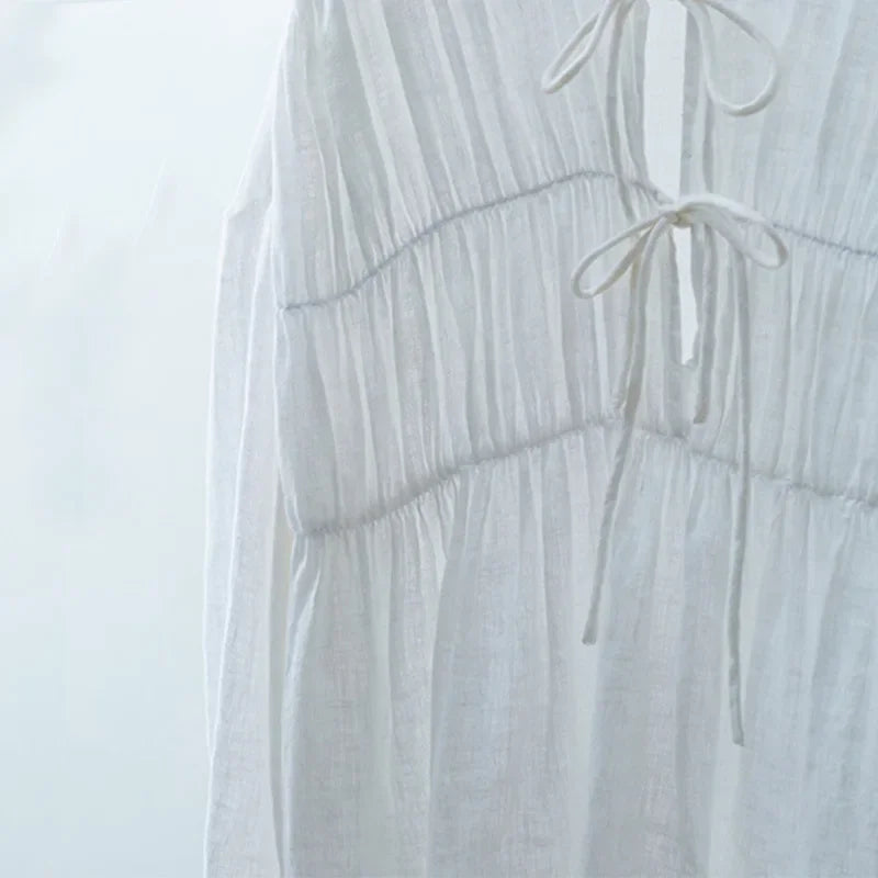 Komiyama  O Neck Lace Up Shirts Blouses Vintage Elegant Pleated Blusas Mujer Spring Clothes Women Japan Fashion Shirt Tops