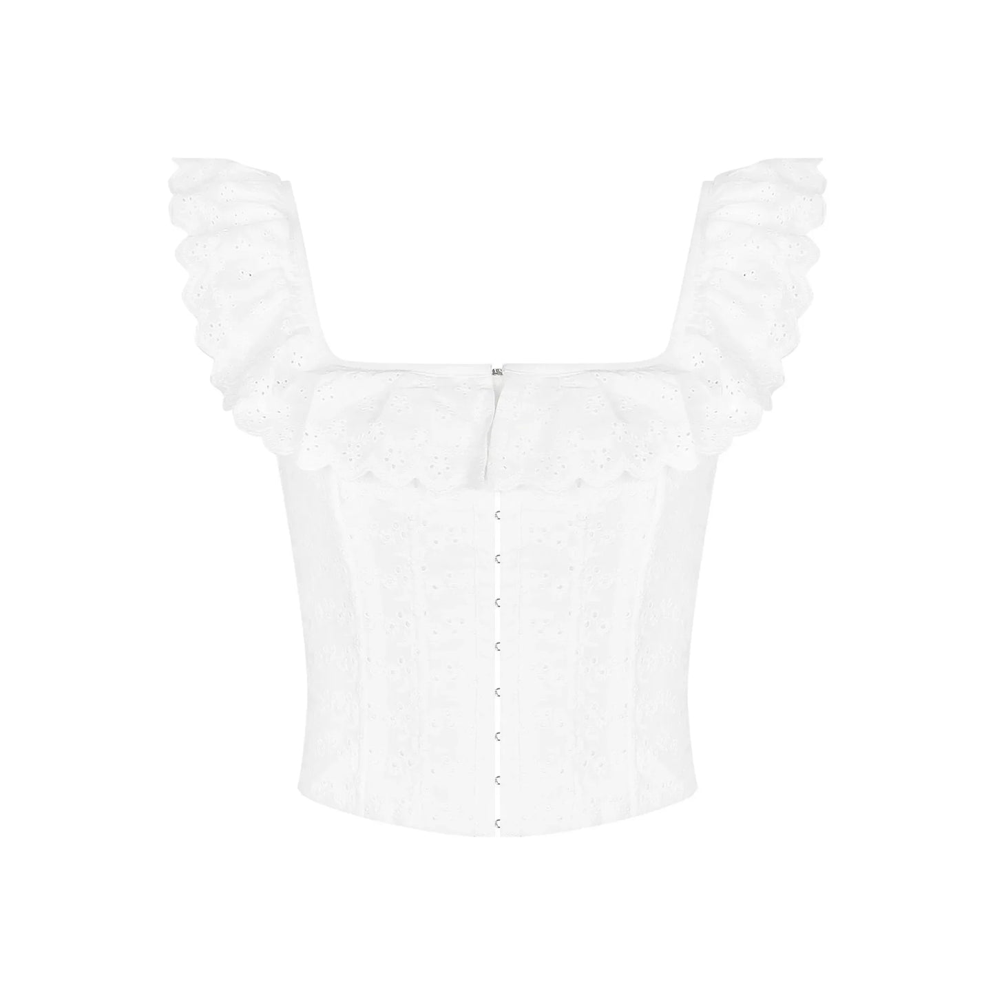 Elegant White Lace Ruffle Corset Vest Women Chic Square Neck Off Shoulder Cropped Tank Top New 2025 Lady Daily Streetwear Summer