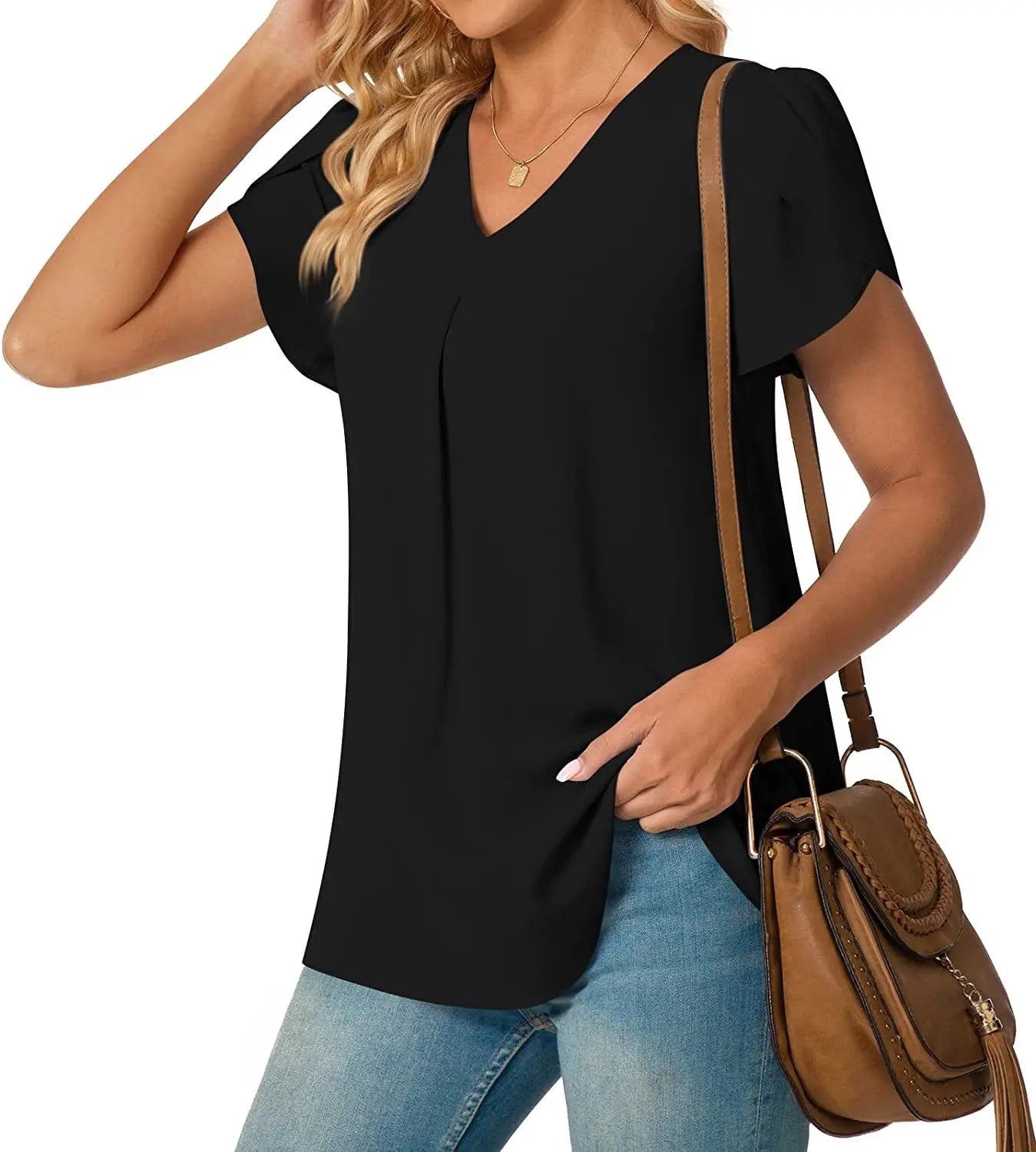 Sexy V Neck Ruffle Short Sleeve Blouse Shirts Summer Women V Neck Solid Color Loose OL Workout Blouse Tops SZE-ST23015
