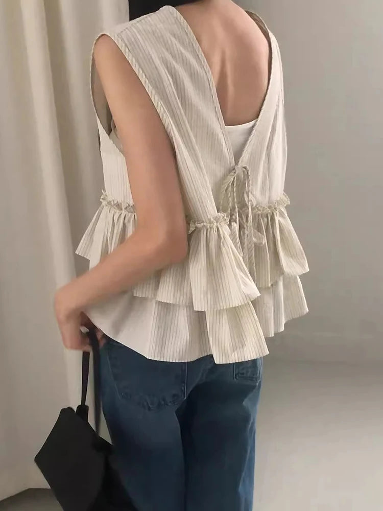 SuperAen Summer New Vintage Striped Patchwork Ruffles Top for Women Back Lace-up Sweet Casual Sleeveless Tank