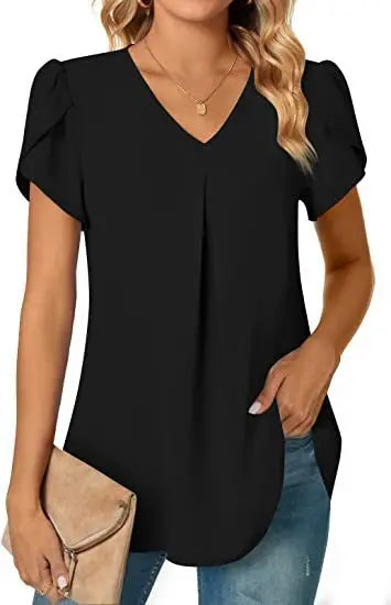 Sexy V Neck Ruffle Short Sleeve Blouse Shirts Summer Women V Neck Solid Color Loose OL Workout Blouse Tops SZE-ST23015