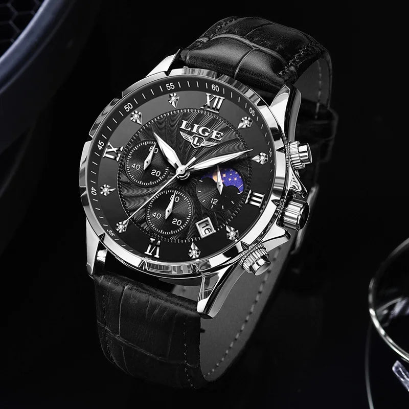 New Mens Watches LIGE Top Brand Luxury Leather Casual Quartz Watch Men's Sport Waterproof Clock Watch Relogios Masculino+Box