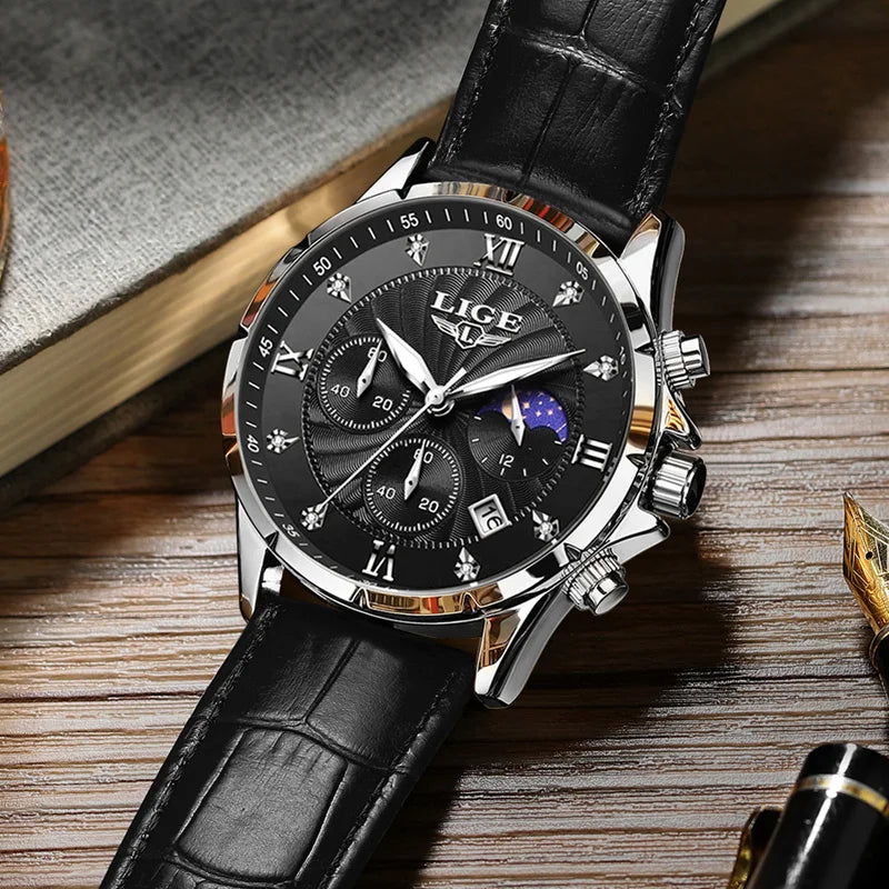 New Mens Watches LIGE Top Brand Luxury Leather Casual Quartz Watch Men's Sport Waterproof Clock Watch Relogios Masculino+Box