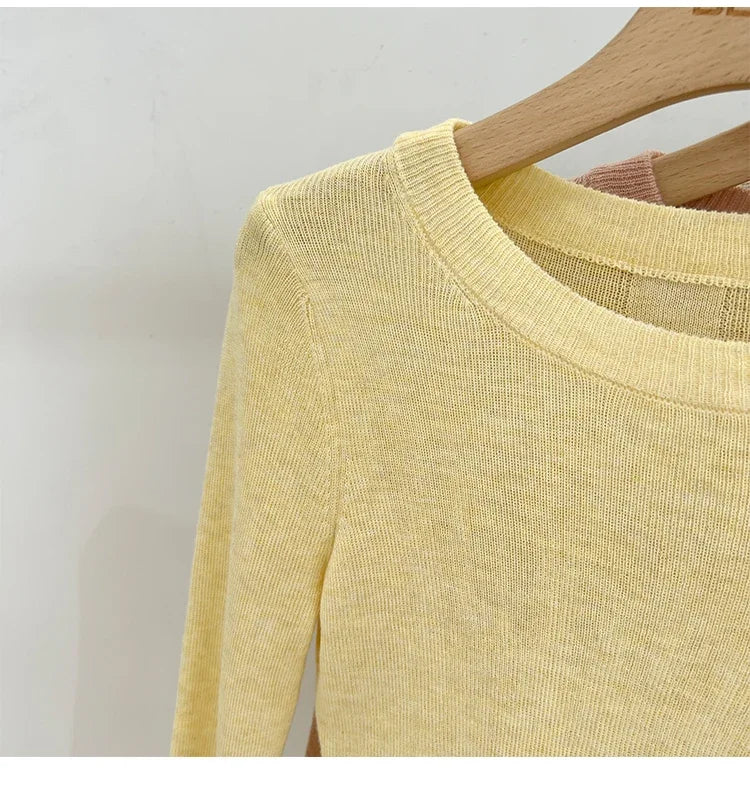Lady Basic O-Neck Slim T-Shirt Women Solid Multi Color All-Match Trend Casual Top Screw Knit Long Sleeve Elastic Spring Office