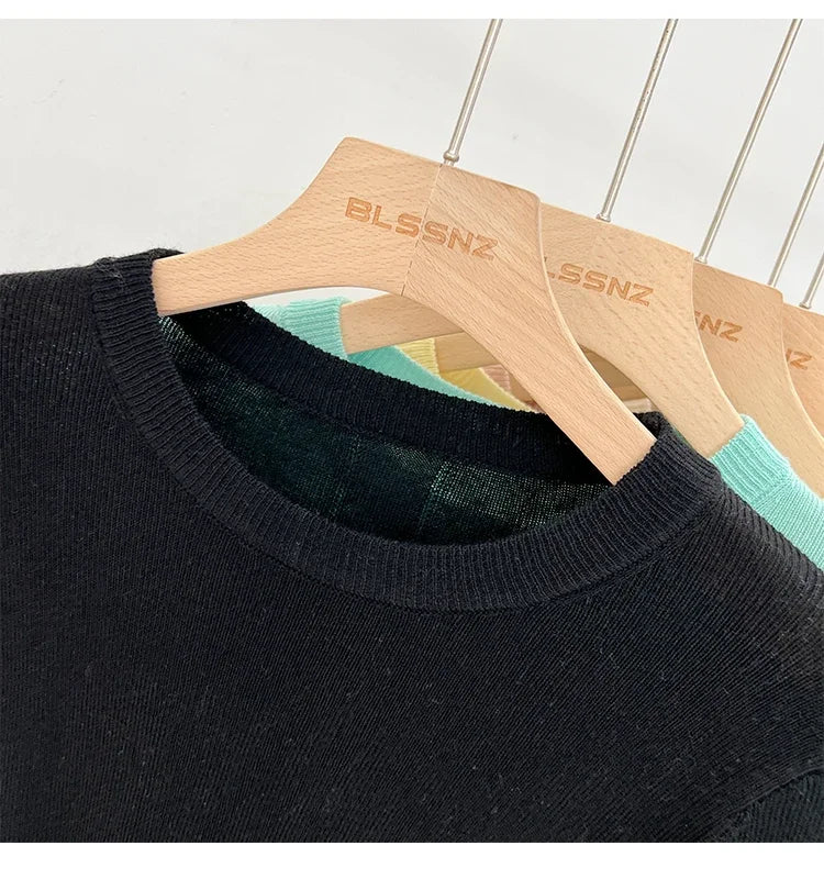 Lady Basic O-Neck Slim T-Shirt Women Solid Multi Color All-Match Trend Casual Top Screw Knit Long Sleeve Elastic Spring Office