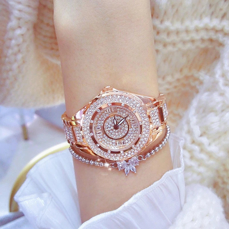2025 Crystal Diamond Watches For Women Gold Original Elegant Ladies Watch With Bracelet Set Rose Gold Gift For Girlfriend Wife