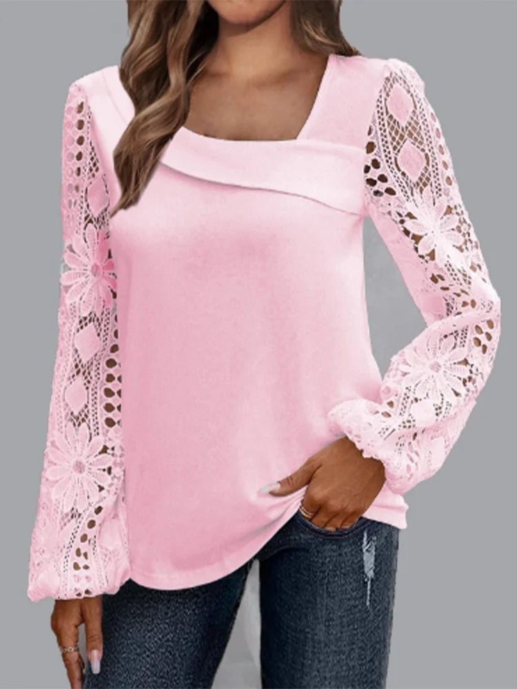 Slant Neck Solid Color Long Sleeved Lace Printed Women's Shirt Fashionable Elegant Office Urban Style Spring Top