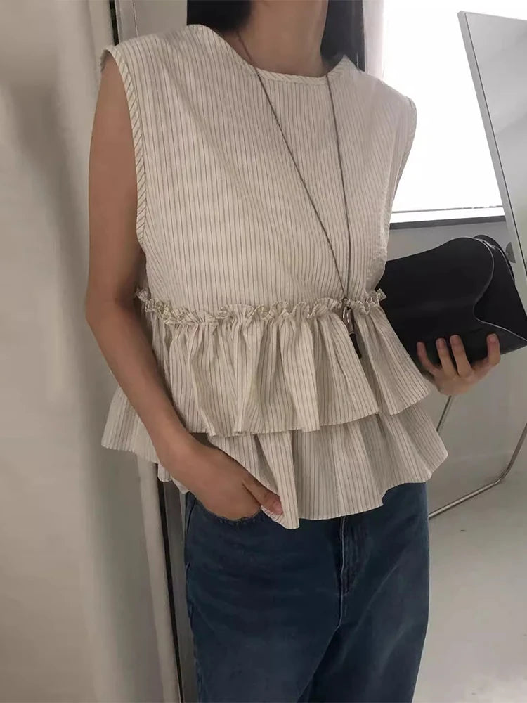 SuperAen Summer New Vintage Striped Patchwork Ruffles Top for Women Back Lace-up Sweet Casual Sleeveless Tank