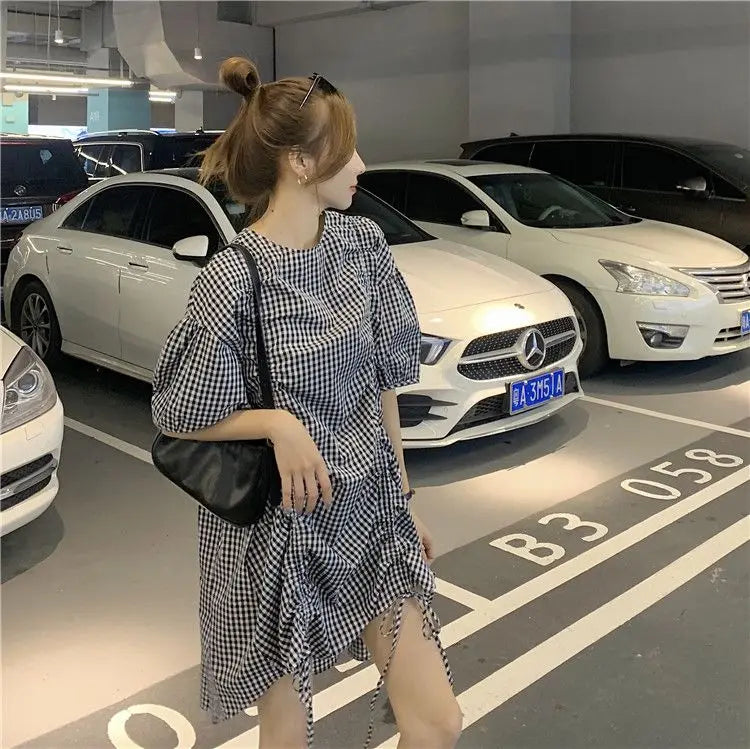 Korean Plaid Printed Loose Midi Dress Summer Short Sleeve Stylish Shirring Drawstring Female Irregular Casual O-Neck Dresses New