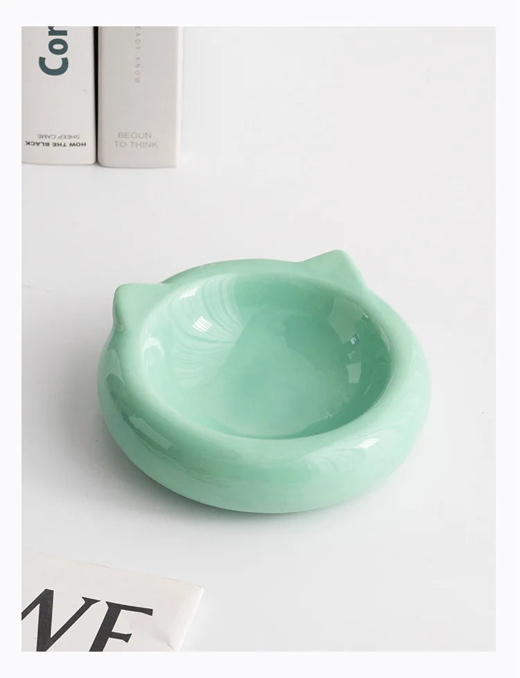 Creative Ceramic Flat Bottomed Cat Ear Shape Food Bowl Dining Plate Anti Overturning Pet Supplies Drinking Bowl
