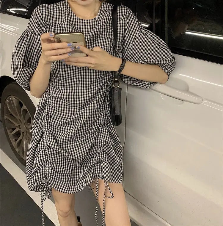 Korean Plaid Printed Loose Midi Dress Summer Short Sleeve Stylish Shirring Drawstring Female Irregular Casual O-Neck Dresses New