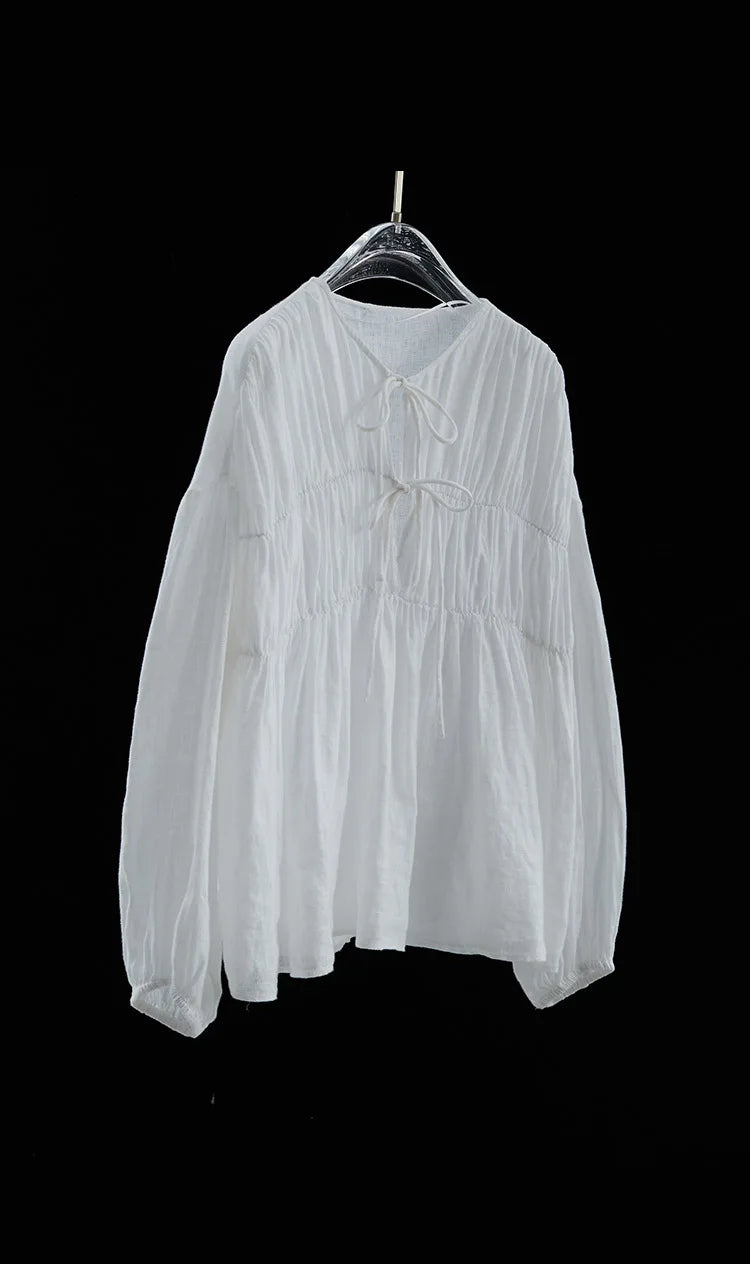 Komiyama  O Neck Lace Up Shirts Blouses Vintage Elegant Pleated Blusas Mujer Spring Clothes Women Japan Fashion Shirt Tops