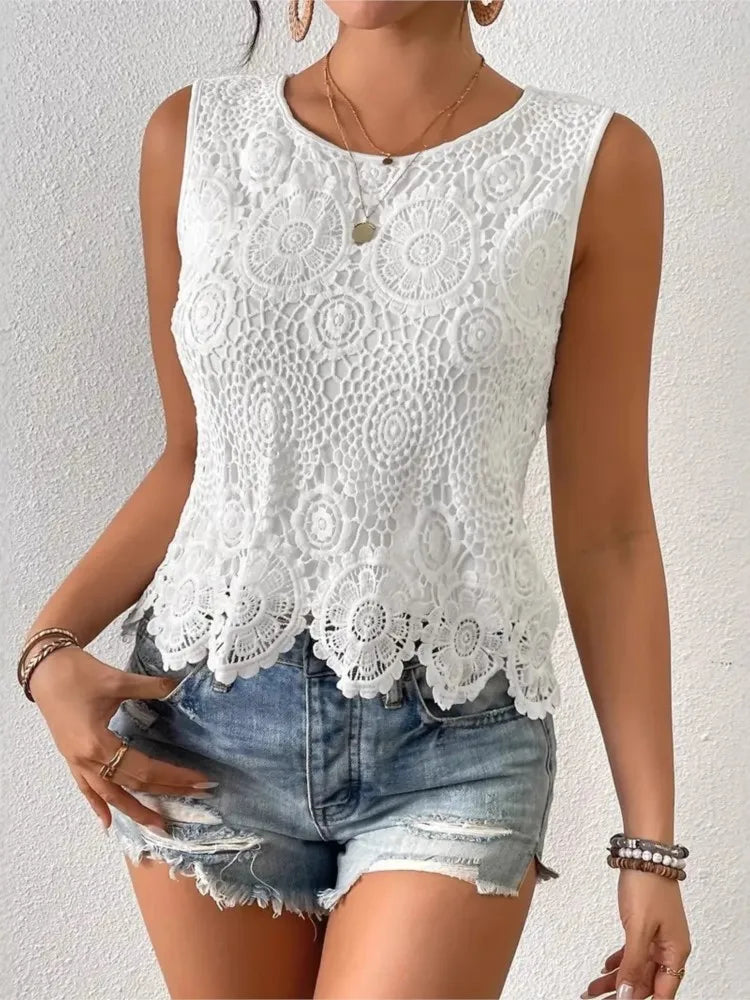 Lace Fashion Casual Evergrande Sling Vest White Fashion Party Women's Top T-Shirt New Elegant Tops Sleeveless Office T Shirts